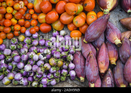 Fresh organic local vegetables sold in the famous Luang Prabang morning market in Laos Stock Photo