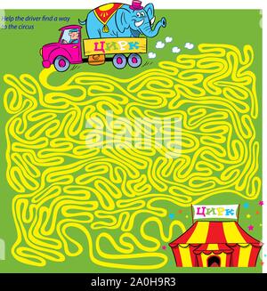 Puzzle maze, where it is necessary to help the driver find a way to the circus. Stock Vector