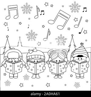 Boys and girls singing Christmas carols at Christmas Eve night outside in the snow. Black and white coloring page illustration Stock Photo