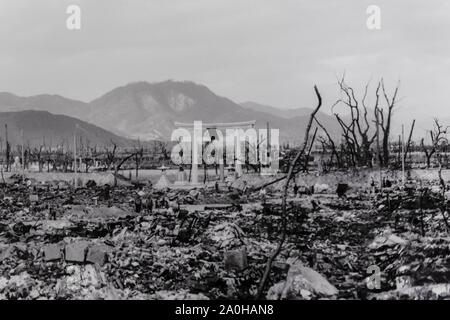 Historical black-and-white photography, destruction after the Hiroshima atomic bomb was dropped, Hiroshima Peace Memorial Museum, Hiroshima Peace Stock Photo