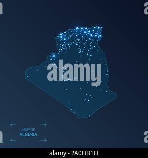 Algeria map with cities. Luminous dots - neon lights on dark background. Vector illustration. Stock Vector