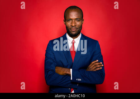 Portrait of smart clever content calm experienced well-groomed attractive handsome hr director mulatto man folded arms in suit isolated over bright vi Stock Photo