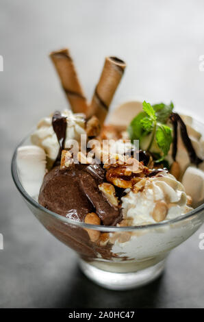 organic chocolate and mint vanilla ice cream sundae dessert in bowl Stock Photo