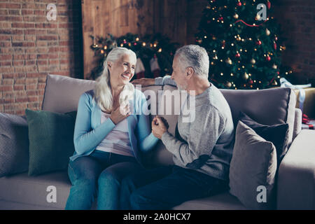Profile side view of cheerful nice charming beautiful sweet lovely grey-haired wife husband friend married couple talking holding hands sitting on cou Stock Photo