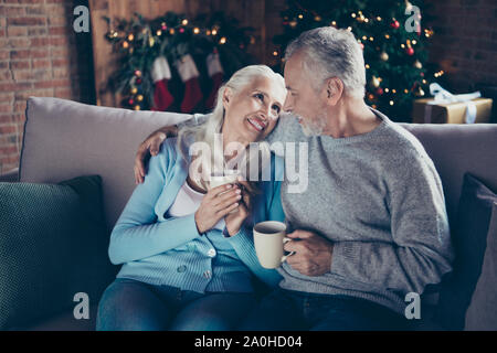 Portrait of two sweet cheerful beautiful lovely grey-haired people married spouses hugging sitting on couch divan sofa looking at each other in house Stock Photo