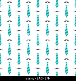 Vector seamless pattern with mustaches and blue neckties. Male hipster background Stock Vector