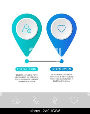 Vector modern infographic flat template pin for two paper label, diagram, graph, presentation. Business concept with 2 options and marks. Blank space Stock Vector