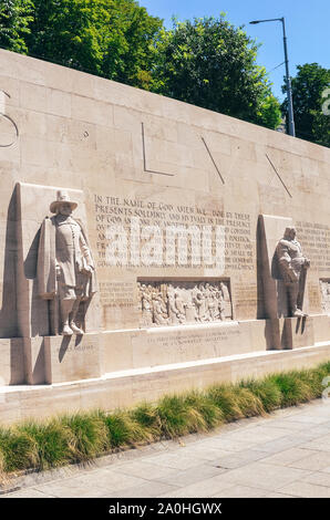 Geneva, Switzerland - July 19, 2019: The Reformation Wall, monument to the Protestant Reformation of the Church. Depicting numerous Protestant figures. Oliver Cromwell, Roger Williams. Stock Photo