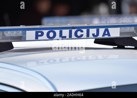 Vilnius, Lithuania - April 06: Design of Police car in Vilnius Old Town on April 06, 2019 in Vilnius Lithuania. Vilnius is the capital of Lithuania an Stock Photo