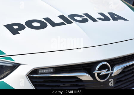 Vilnius, Lithuania - April 06: Design of Police car in Vilnius Old Town on April 06, 2019 in Vilnius Lithuania. Vilnius is the capital of Lithuania an Stock Photo