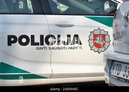 Vilnius, Lithuania - April 06: Design of Police car in Vilnius Old Town on April 06, 2019 in Vilnius Lithuania. Vilnius is the capital of Lithuania an Stock Photo