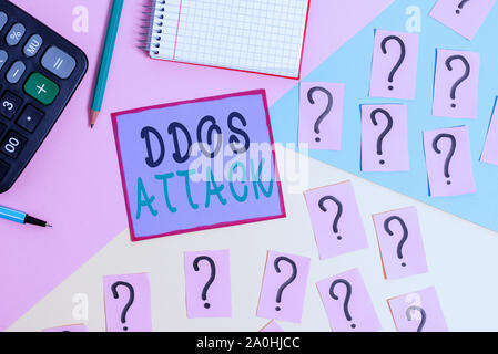 Handwriting text Ddos Attack. Conceptual photo perpetrator seeks to make network resource unavailable Mathematics stuff and writing equipment above pa Stock Photo