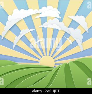 Field Rolling Hills Sunrise Sky Paper Craft Style Stock Vector