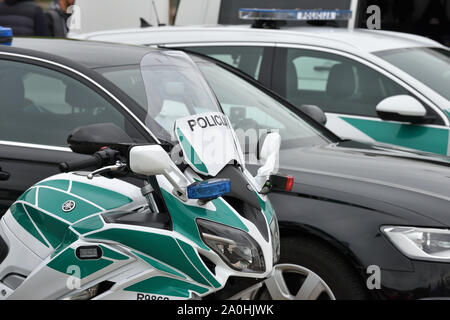 Vilnius, Lithuania - May 10: Police cars and motorcycle on May 10, 2019 in Vilnius, Lithuania. Vilnius is the capital of Lithuania and its largest cit Stock Photo