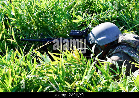 Yamato, Japan. 19th Sep, 2019. US Army soldier in the joint military training 'Orient Shield 2019' of the United States and Japan in the Oyanohara troop field. Yamato, 19.09.2019 | usage worldwide Credit: dpa/Alamy Live News Stock Photo