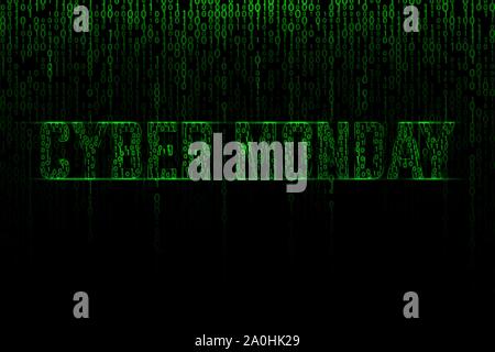Cyber monday text on a green binary matrix background Stock Vector