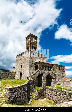 Clock Tower at the Castle of Gjirokaster in Albania Stock Photo