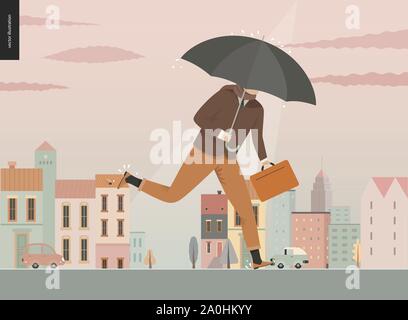 Rain - running businessman -modern flat vector concept illustration of an adult man wearing suit, with an umbrella and suitcase, running under the rai Stock Vector