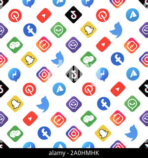 Kyiv, Ukraine - September 20, 2019: Close-up shot of paper with printed logotypes pattern of well-known social media brands. Stock Photo