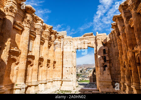 Inner yard of Ancient Roman temple of Bacchus with blue sky in the background, Bekaa Valley, Baalbek, Lebanon Stock Photo
