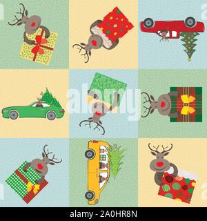 Cute multicolor cartoon reindeer with presents and cars. Geometric patchwork style. Seamless vector pattern on pastel gold, blue and green snow Stock Vector