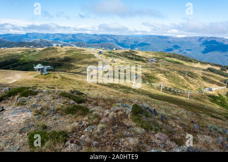 View of the chairlift from the summit of Mt Buller in Victoria, Australia. Stock Photo