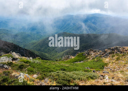 View from the summit of Mt Buller (1,805m above sea level) in Victoria, Australia, on a foggy winter day. Stock Photo