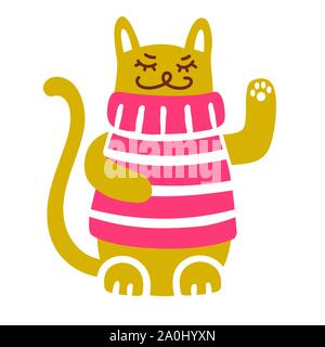 Lucky golden cat in a red sweater with paw up, vector illustration isolated on white background Stock Vector