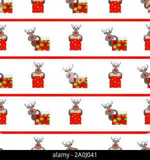Cute rednosed reindeer hugging a variety of presents with horizontal red stitch stripes. Seamless geometric vector pattern on white background. Great Stock Vector