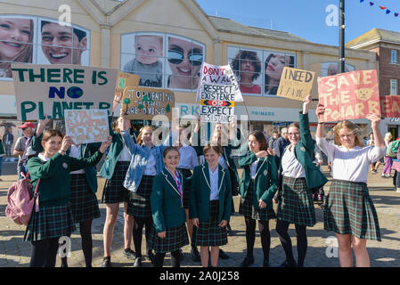 Truro, Cornwall, UK. 20th September, 2019.  Students from Truro high School took the day off to take part in a mass demonstration by Extinction Rebellion in Truro City Centre;  The demonstration is part of the coordinated world wide demonstrations demanding action over climate change.  Gordon Scammell/Alamy Live News Stock Photo