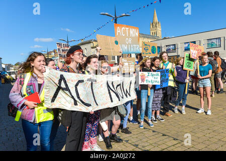 Truro, Cornwall, UK. 20th September, 2019.  Students took a day of from schools and colleges to take part in a mass demonstration by Extinction Rebellion in Truro City Centre;  The demonstration is part of the coordinated world wide demonstrations demanding action over climate change.  Gordon Scammell/Alamy Live News Stock Photo