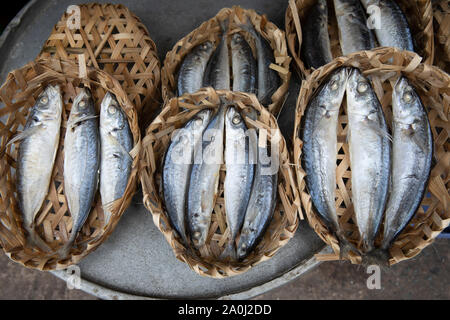 small fish sold in baskets in Ho Chi Minh City fish market Stock Photo