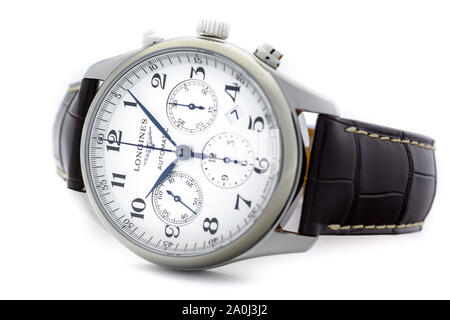 Saint-Imier, Switzerland September 15 2019 - Longines L27594785 Men's Master Collection Automatic Date Chronograph Alligator Leather Strap Watch on Stock Photo