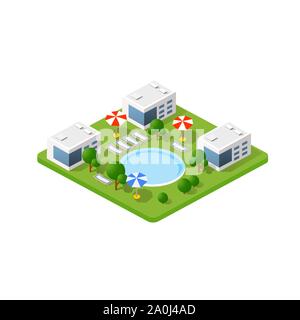 Isometric 3d hotel with a pool Stock Vector