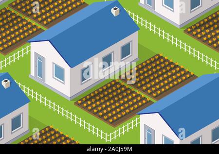 Isometrics village seamless pattern Stock Vector
