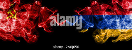 Communist vs Armenia, Armenian abstract smoky mystic flags placed side by side. Thick colored silky smoke flags of Communism and Armenia, Armenian Stock Photo
