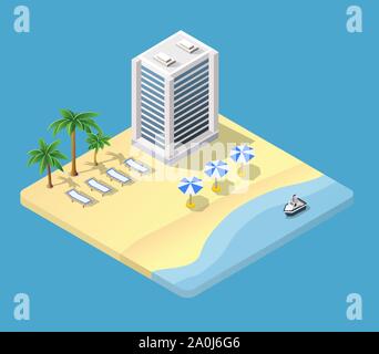 Isometric 3d hotel with a beach Stock Vector
