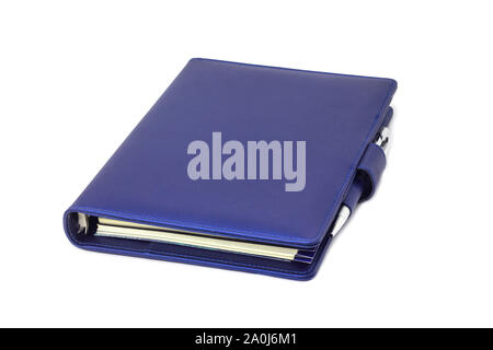 Blue collar diary and pen placed on cover and white background. Stock Photo
