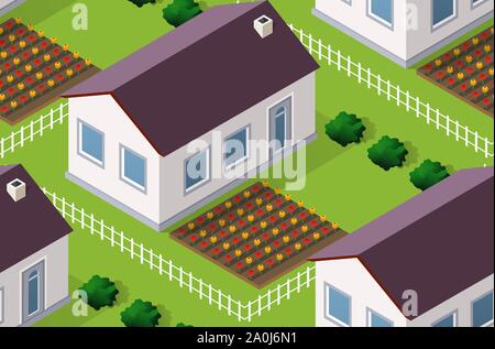 Isometrics village seamless pattern Stock Vector