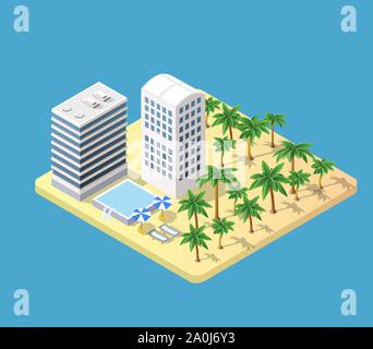 Isometric 3d hotel with a beach Stock Vector