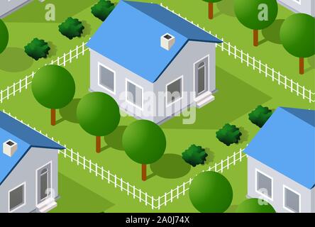 Isometrics village seamless pattern Stock Vector