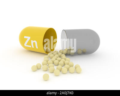 Open capsule with Zn zinc on a white table, food supplement concept, 3d rendering Stock Photo