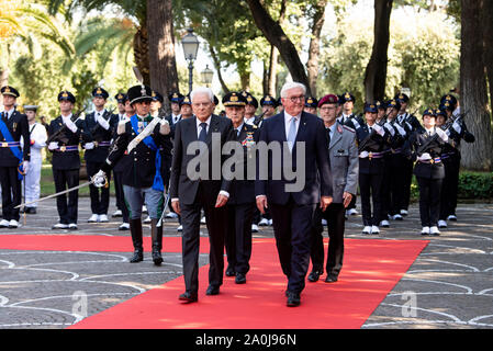 Neapel, Italy. 20th Sep, 2019. President Frank-Walter Steinmeier (r) is bid farewell by Italian President Sergio Mattarella at Villa Borbonica with a military ceremony. President Steinmeier and his wife are on a two-day state visit to Italy. Credit: Bernd von Jutrczenka/dpa/Alamy Live News Stock Photo