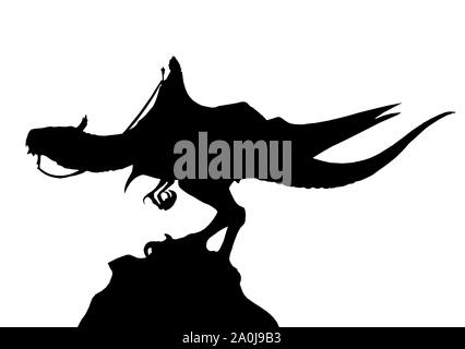 Big dragon with the rider illustration. Monster silhouette. Fantasy art. Stock Photo