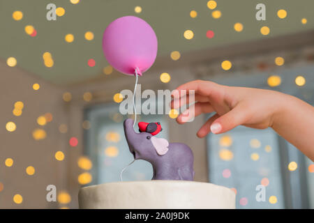 First birthday celebration. Cake with elephant and balloon on it. Toddlers hand trying to take a cake. Perfectly decorated cake for birthday party. Stock Photo