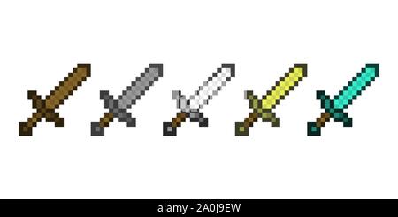 Vector set of classic pixel swords. Cartoon steel blades for fun computer and console games or illustrations Stock Vector