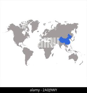 The map China of is highlighted in blue on the world map Stock Vector