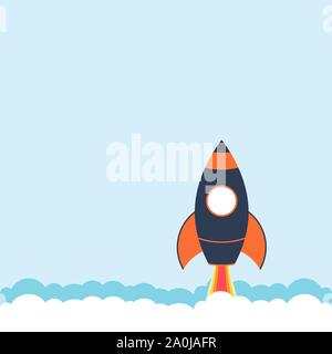 Rocket ship in a flat style.Vector illustration with 3d flying rocket.Space travel to the moon.Space rocket launch.Project start up and development pr Stock Vector