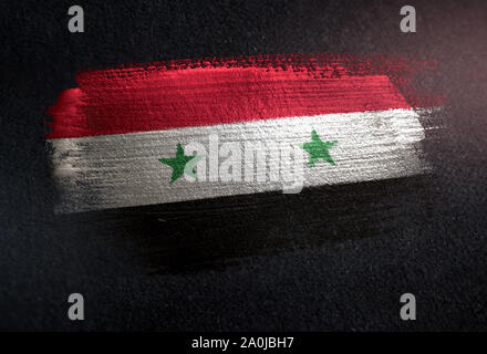 Syria Flag Made of Metallic Brush Paint on Grunge Dark Wall Stock Photo