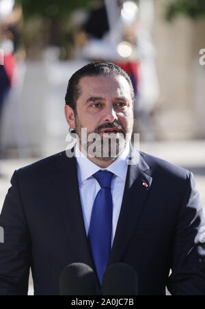 Paris, France. 20th Sep, 2019. Visiting Lebanese Prime Minister Saad Hariri addresses the media before his meeting with French President Emmanuel Macron (not pictured) at the Elysee Palace in Paris, France, Sept. 20, 2019. Credit: Gao Jing/Xinhua/Alamy Live News Stock Photo